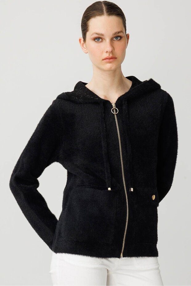 Women's Hooded Zippered Short Knitwear Sweatshirt Black
