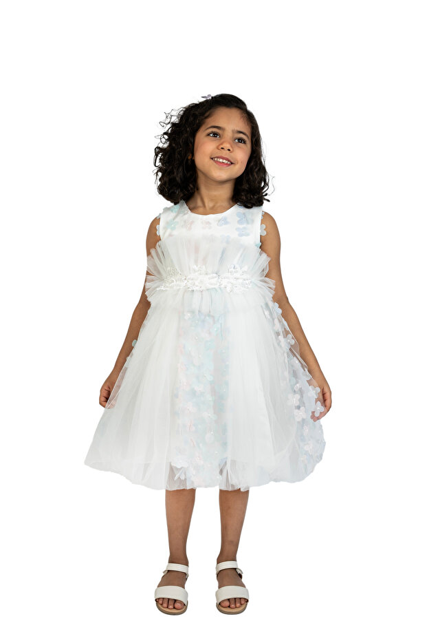 Apple Blossom White with Blue dress
