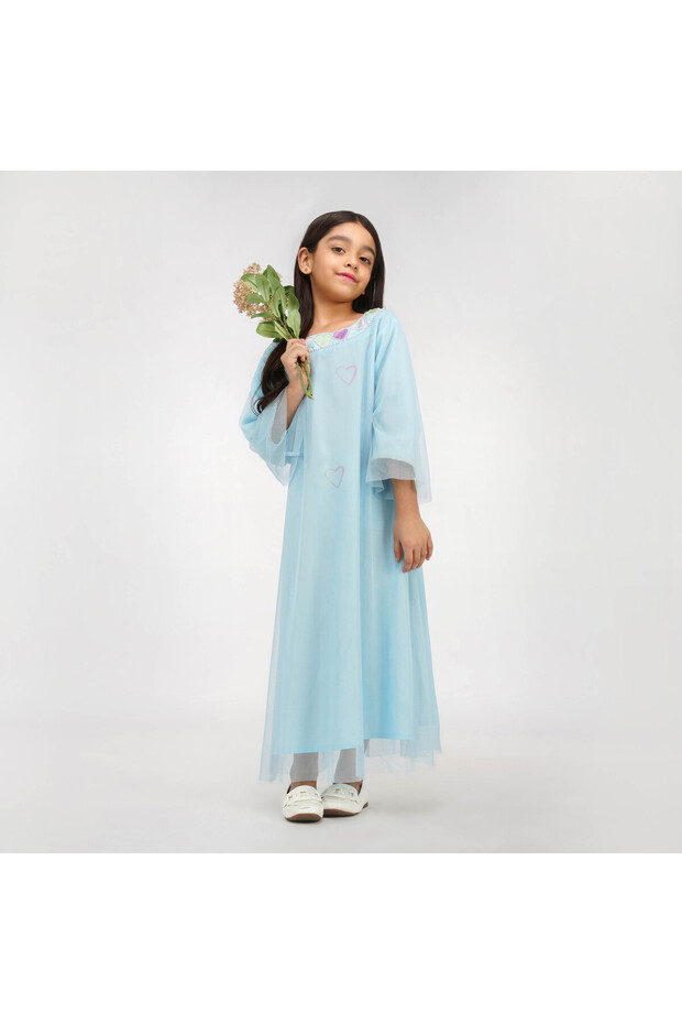Kids Jalabiya – Soft Blue with Heart Motifs, Round Neck in Rayon-Tulle Blend.