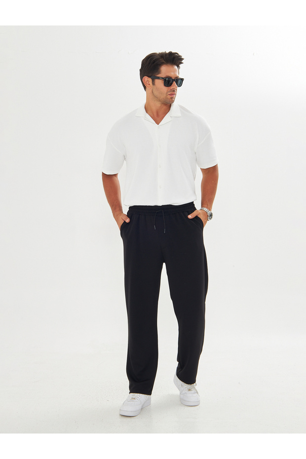 Erkek Baggy Krep Kumaş Bağcıklı Pantolon - 5