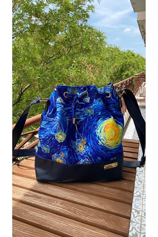 Van Gogh Pattern Navy Blue Bucket Bag
