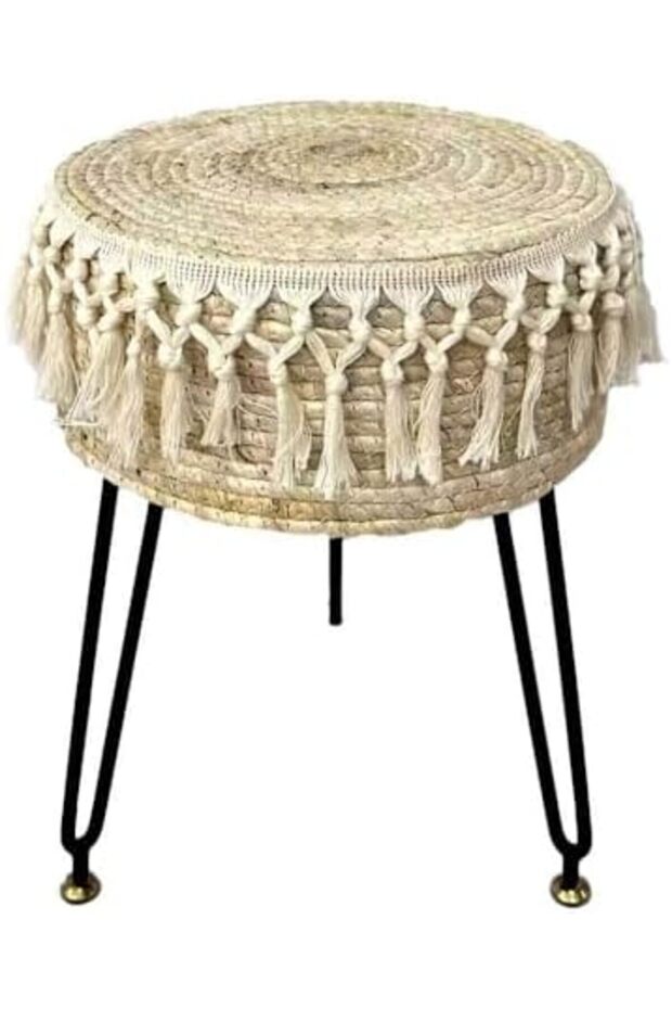 FFD Handwoven Pouf Ottoman | Natural Seagrass Footrest with 3 Metal Legs | Round Vanity Stool fo