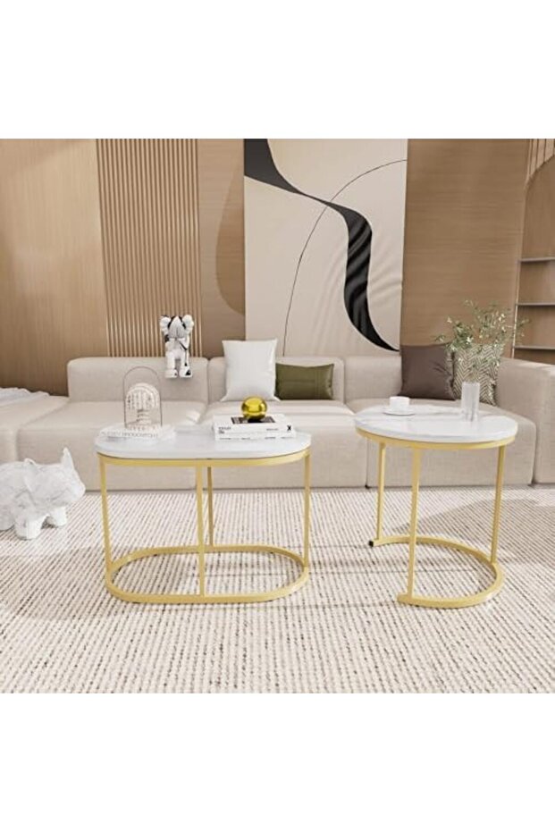 Huhote Round Coffee Tables, Set of 2 End Table, Nesting Tables, Oval Side Table with Metal Frame for - 7