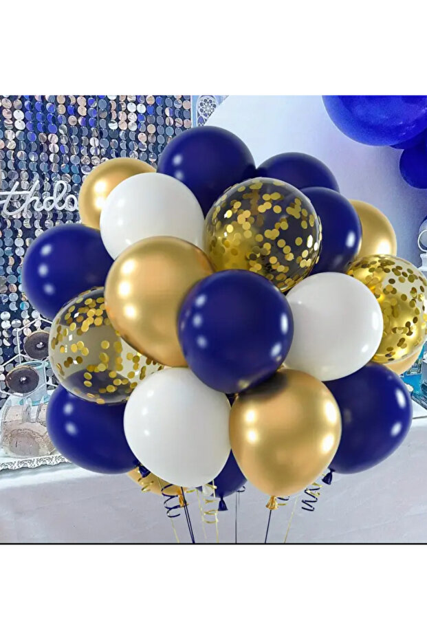 Navy Blue White Gold Chrome Transparent Sequin Balloon Harness Set of 25