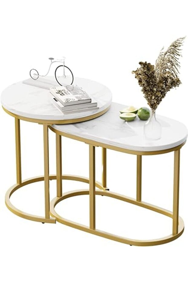 Huhote Round Coffee Tables, Set of 2 End Table, Nesting Tables, Oval Side Table with Metal Frame for - 2