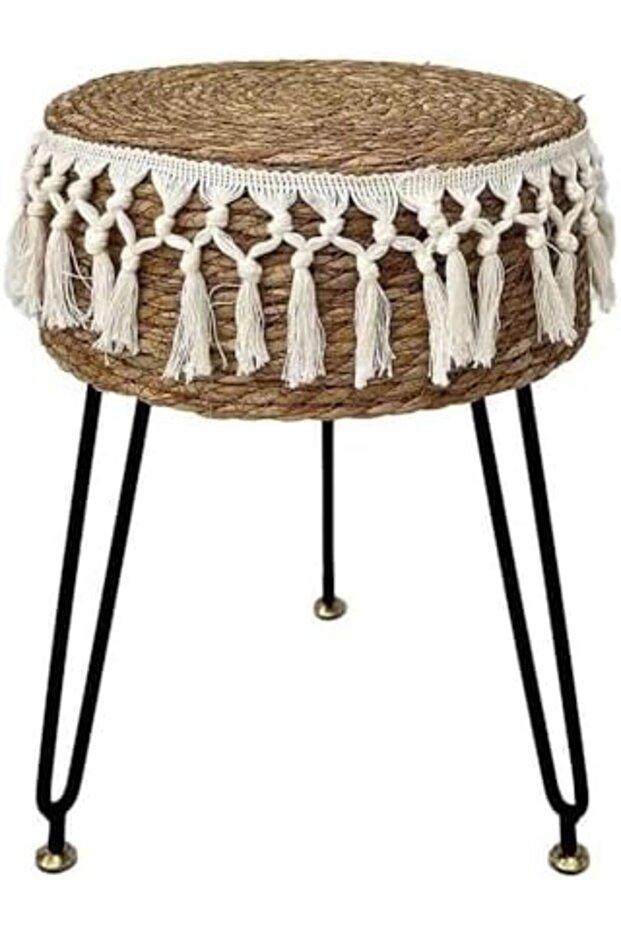 FFD Handmade Natural Ottoman Footrest with 3 Metal Legs | Round Vanity Stool with Tassel