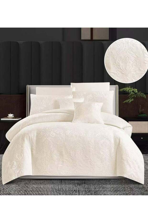 6Pc King Size Embossed Embroidery Jack Cotton Comforter Set Off White
