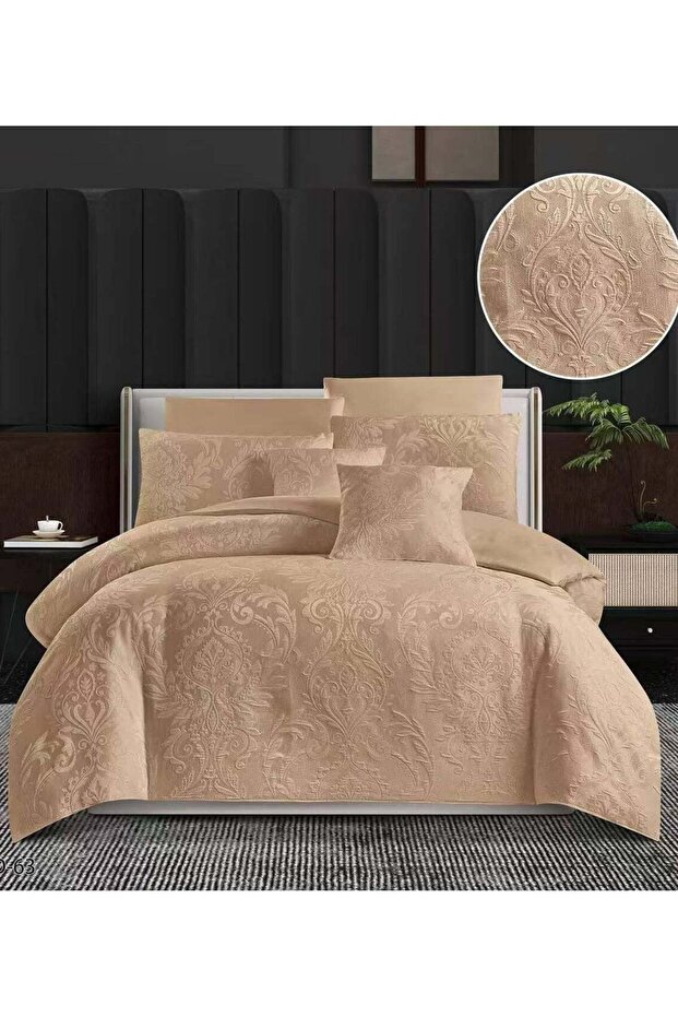 6Pc King Size Embossed Embroidery Jack Cotton Comforter Set Gold