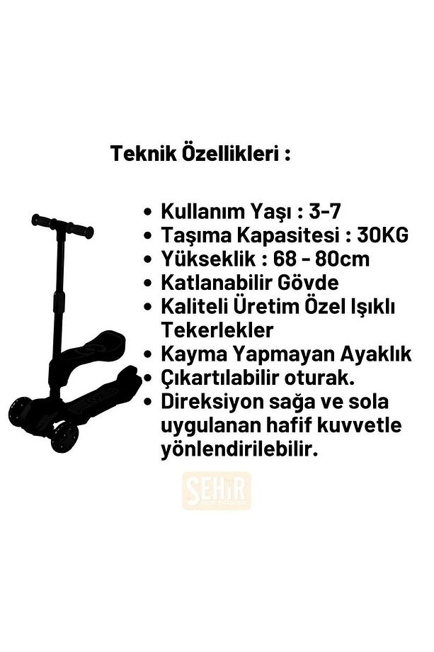 Oturaklı 3 Tekerlekli LED Işıklı, Katlanabilir Yükseklik Ayarlı Çocuk Combo Scooter - 8