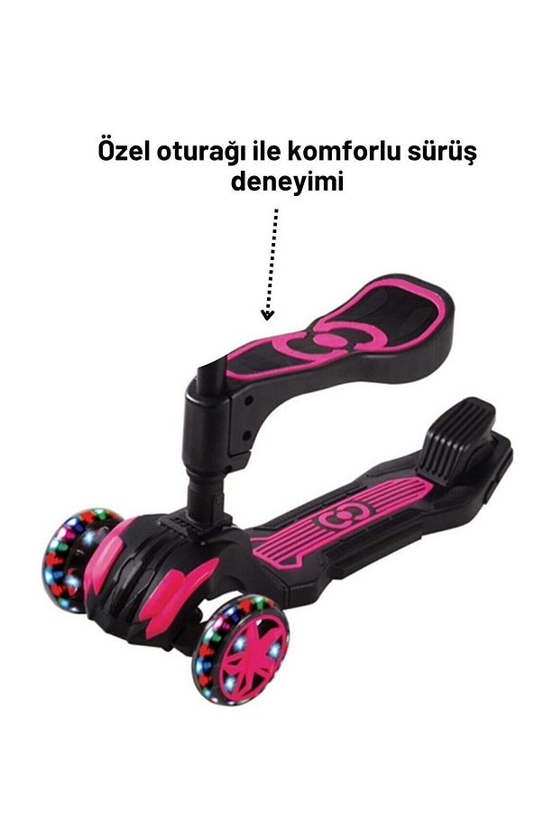 Oturaklı 3 Tekerlekli LED Işıklı, Katlanabilir Yükseklik Ayarlı Çocuk Combo Scooter - 6