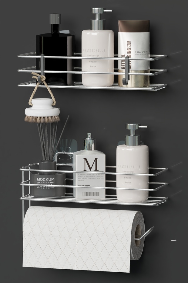 Chrome Silver 2-Piece Adhesive Bathroom Shelf Set – Paper Towel Holder & Shower Organizer Set Bathroom Shelf