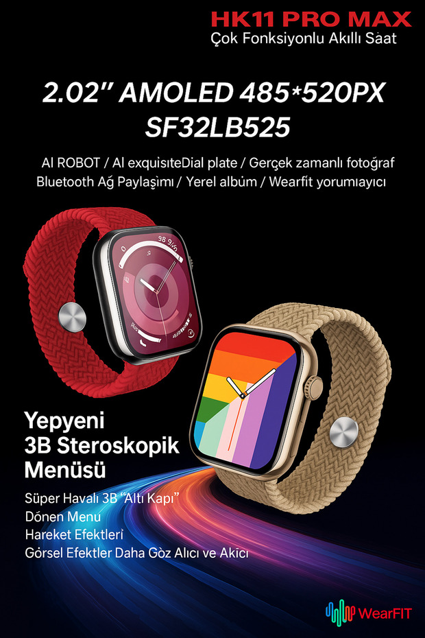 HK 11 ProMax Akıllı Saat Çift Kordonlu 2025 Model Nabız Uyku Spor Takibi Şarjı Uzun Yapay Zeka - 5