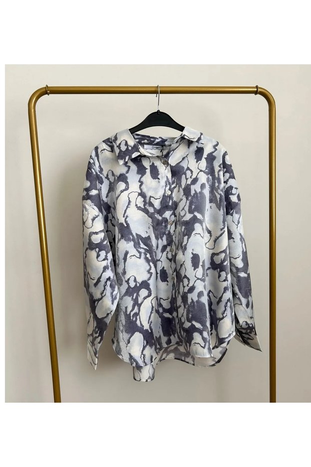 Women's Gray Detailed Long Sleeve Satin Cotton Blended Oversize Fit Trend Shirt