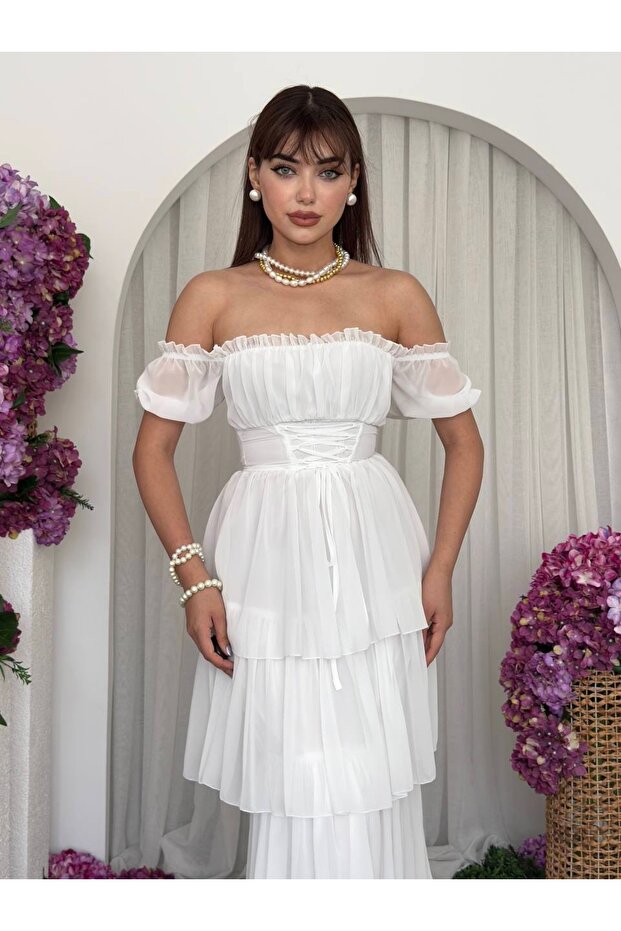 White Chiffon Layered Dress with Tie Detail