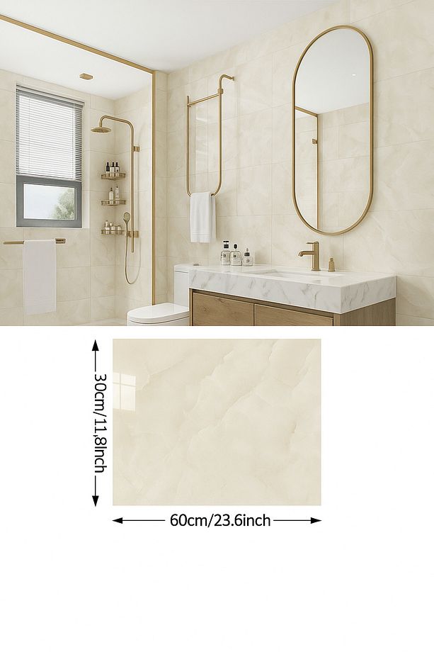 30x60 Cm Krem Mermer Desenli Kendinden Yapışkanlı Mutfak Banyo Wc Kaplama Pvc Duvar Panel - 2
