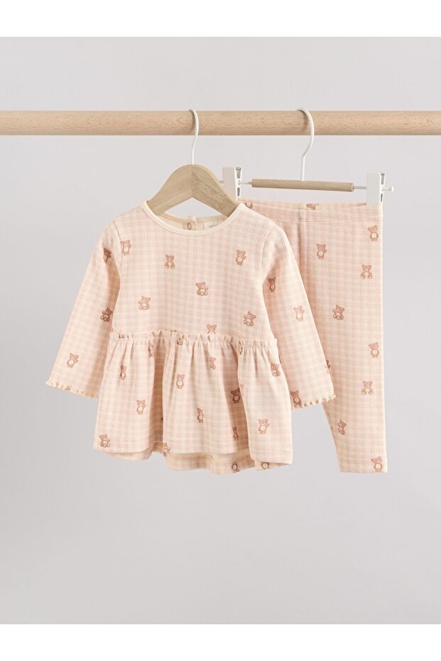 طقم علوي وسفل بأكمام طويلة مطبوع عليه دب Gingham وردي