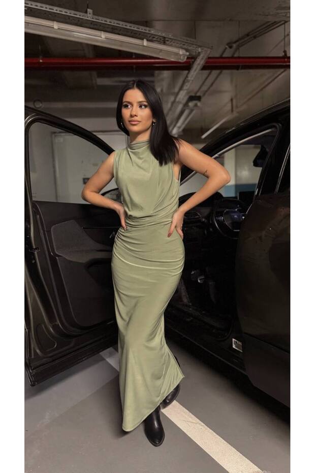 Drape Collar Lined Zippered Gathered Slit Sandy Fabric Khaki Dress
