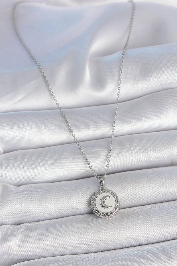 Silver Steel Chain White Enamel Crescent Embroidered Locket Necklace for Elegant Woman