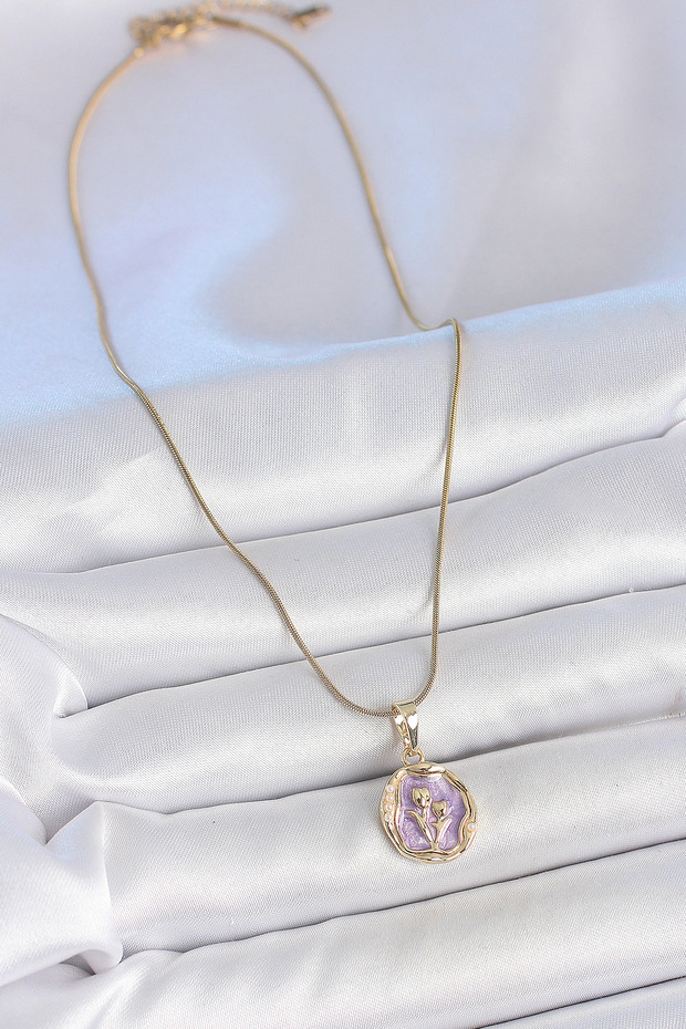 Golden Steel Chain Purple Enamel Flower Portrait Necklace for Elegant Woman