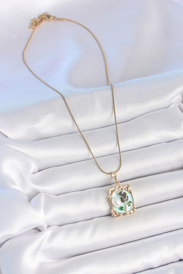 Golden Steel Chain Blue Enamel Floral Pearl Portrait Necklace for Elegant Woman