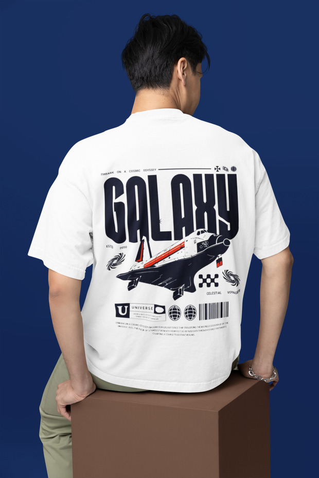 Galaxy Starship Printed Unisex Oversize Cut 100% Cotton Soft Textured Crew Neck White T-Shirt