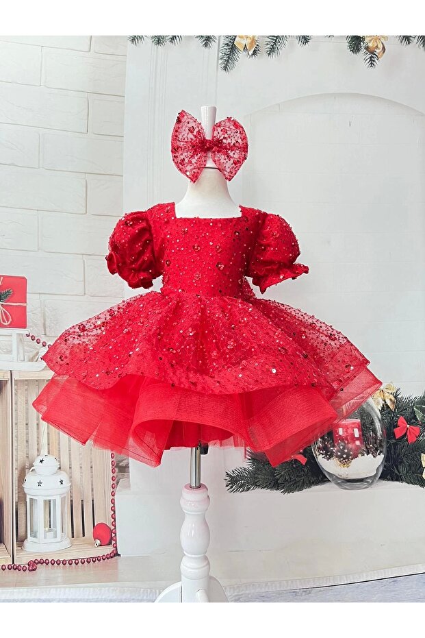 Red Stone Square Collar Girl's Dress Evening Dress