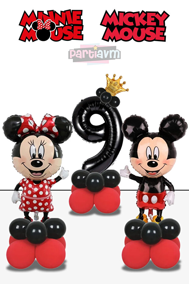 9 Years Old Mickey Mouse Minnie Mouse Balloon Red Black Number Balloon Balloon Column Girl Boy Miki Mini