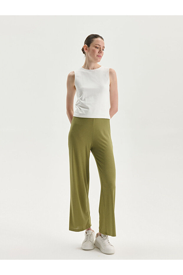 Lcwaikiki Basic Khaki Elastic Waist Wide Leg Women's Trousers