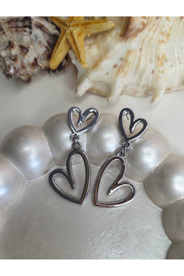 Double Heart Silver Color Dangle Earrings.Gift