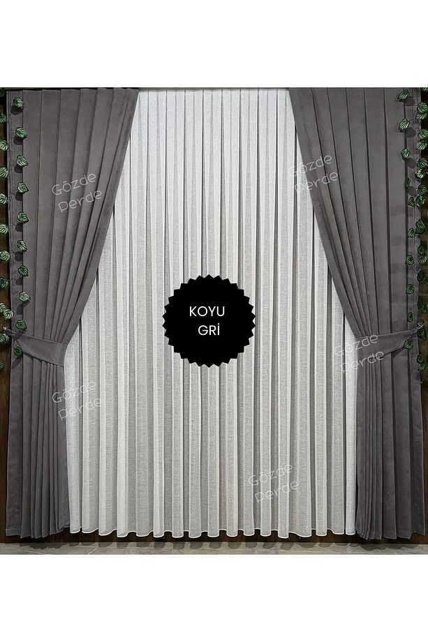 Koyu Gri Fon Perde Seyrek Pile 1/2 – Modern Kalın Kadifemsi Ada Fon Perde Tek Kanat - 1
