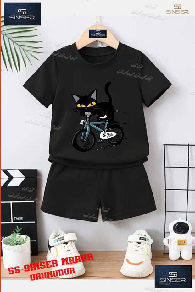 Children's Unisex “Cat Black Bike Suren“ Custom Printed Crew Neck T-Shirt - Shorts Set