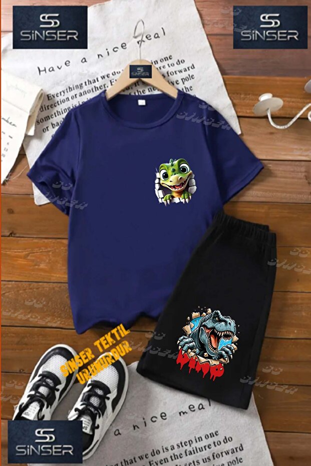 Children's Unisex “Dinosaur Green Cave Exit“ Special Printed Crew Neck T-Shirt - Shorts Set