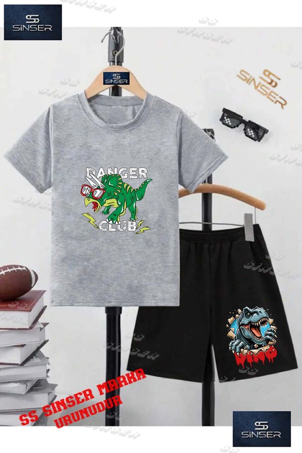 Children's Unisex “Dinosaur Green Glasses“ Special Printed Crew Neck T-Shirt - Shorts Set