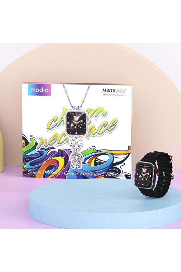 MW18 Mini 36 mm HD Display Smart Watch with 2 Pair Strap and Stylish Chain Necklace and Bracelet wit