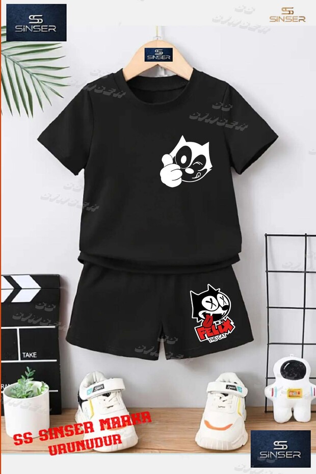 Children's Unisex “Felix Cat Head Logo White Black“ Custom Printed Crew Neck T-Shirt - Shorts Set