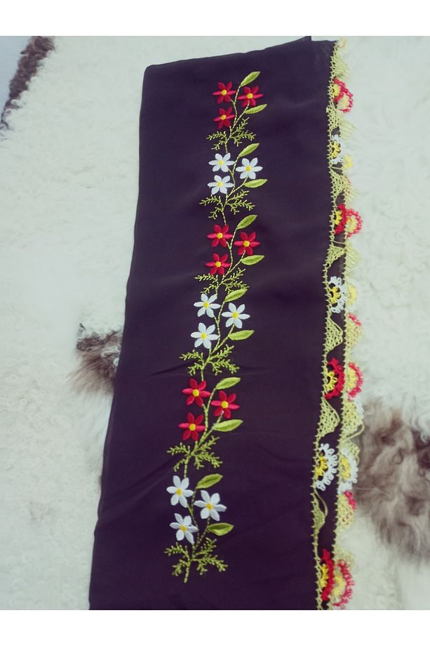 El Emeği Nakış Işlemeli Iğne Oyalı Namaz Örtüsü Çeyizlik Mevlit Başörtüsü Krep Kumaş 145x75 Cm - 1