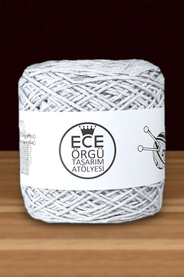 Gümüş simli, açık gri renkli, bükümlü, %100 koton örgü el örgü ipi (300 gr.) - 2