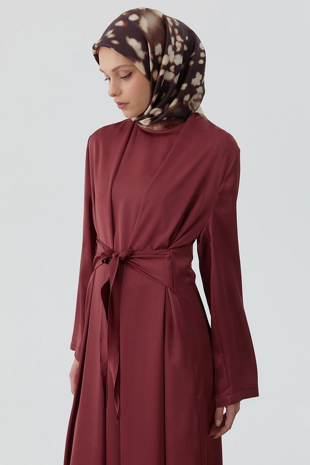 Bedenden Kuşaklı Elbiseli Takım - Bordo - 1
