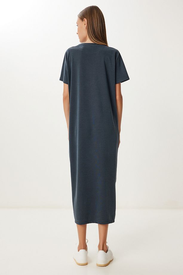 Oversize Basic Yazlık Örme Elbise LUB0082 KOYU ANTRASİT - 5