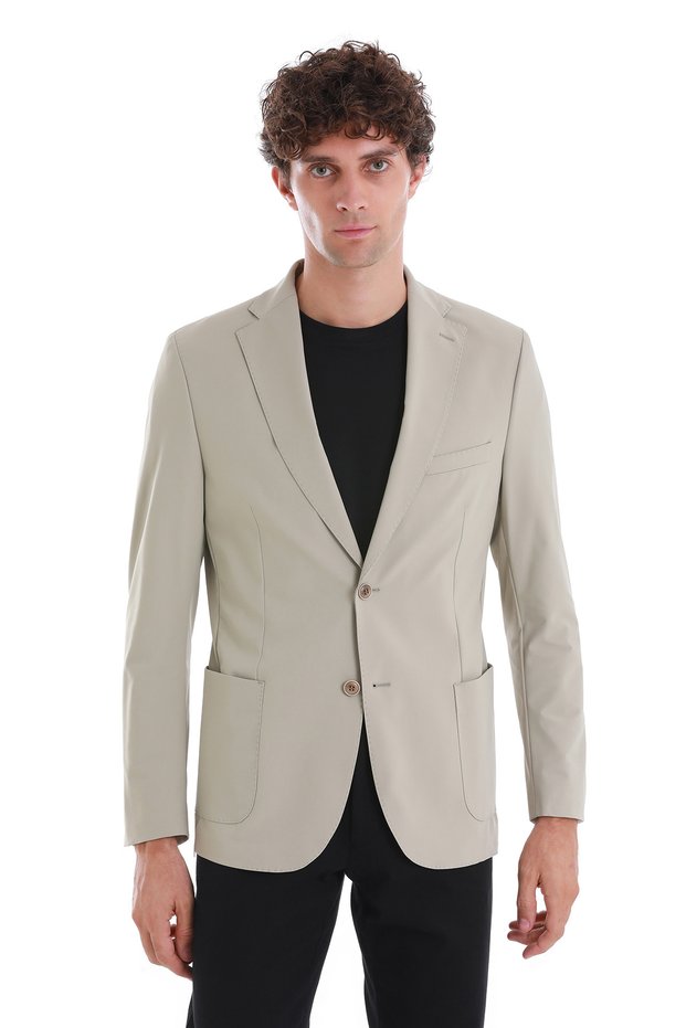 Beige Slim Fit Striped Mono Collar Casual Jacket