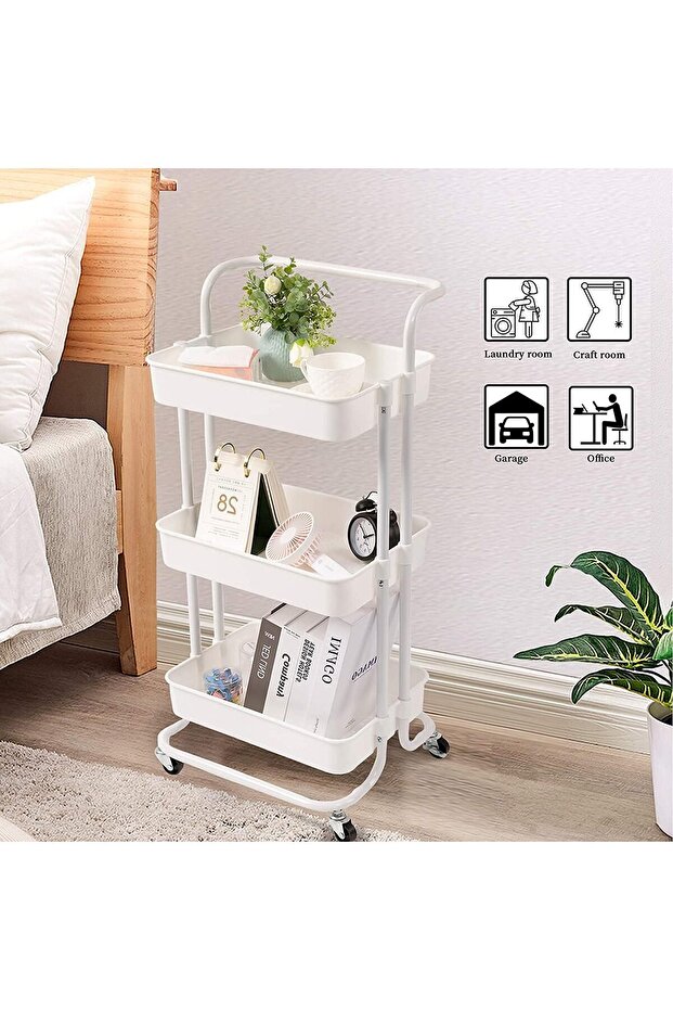 عربة أدوات متحركة بثلاث طبقات مع مقبض وعربة تنظيم متعددة الوظائف - 8