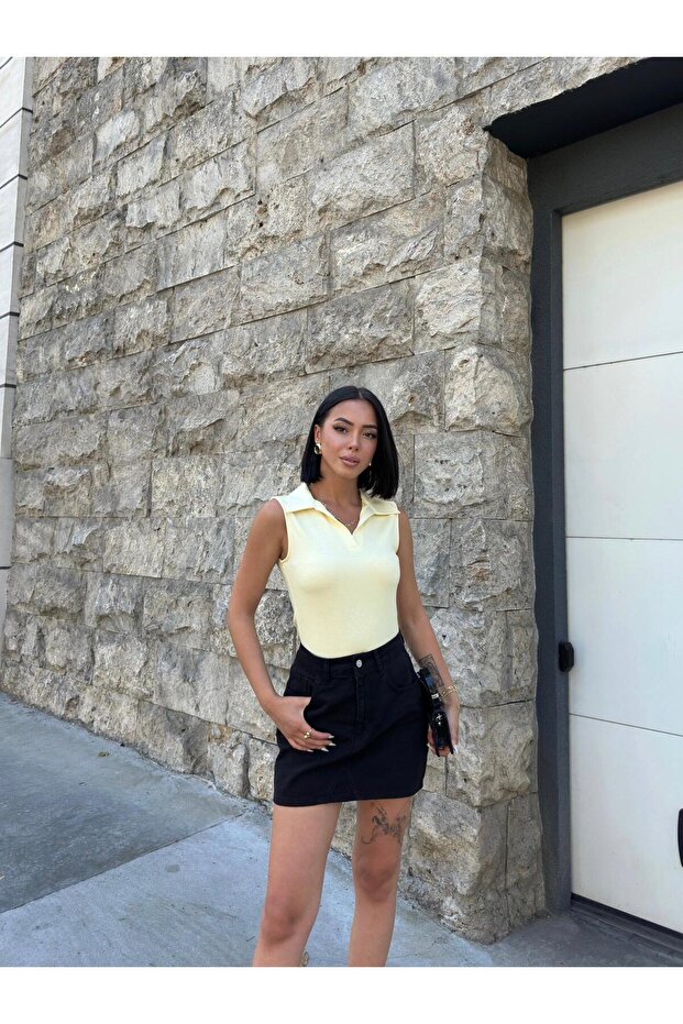 Polo Yaka Sıfır Kol Basic Modal Bluz - 2