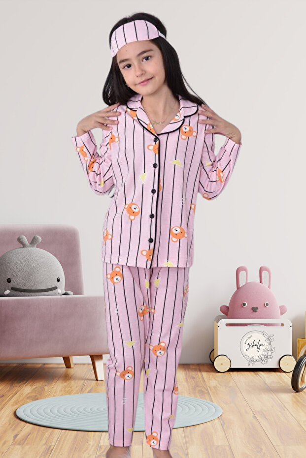 Cute Animal Figured Striped Pink Color Shirt Collar Buttoned Pajama Set