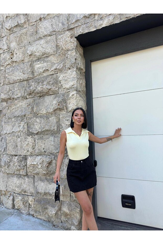 Polo Yaka Sıfır Kol Basic Modal Bluz - 4