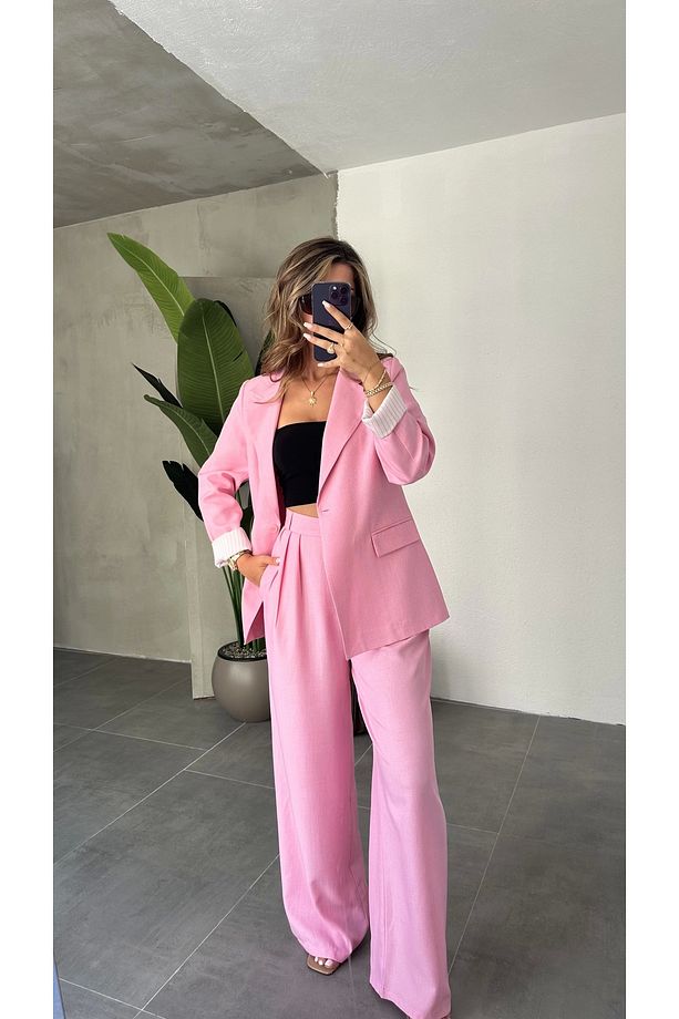 Kadın Pembe Tek Düğmeli Astarlı Salaş Keten Ceket - 3