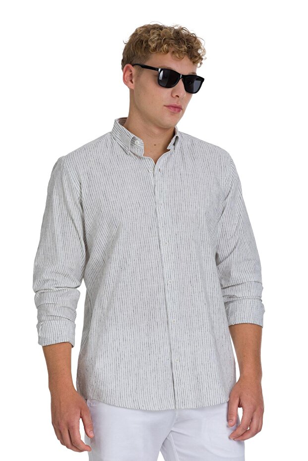Gray Comfort Fit Striped Button Collar Cotton-Linen Long Sleeve Shirt