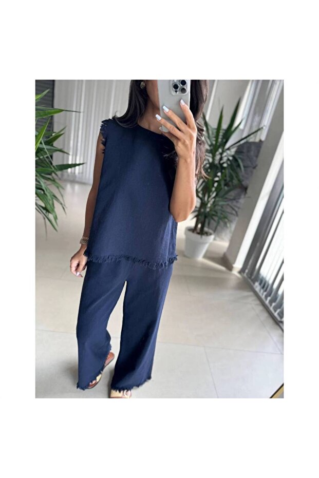 Navy Blue Linen Blouse and Trousers Set