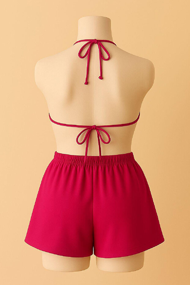 Kadın Fuşya Şortlu Belden ve Boyundan Bağlamalı Bikini Takımı - 3