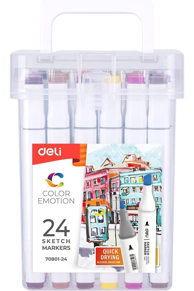 E70801-24 Sketch Markers – 24 Colors, Dual Tip (Bullet & Chisel), Alcohol-Based Ink, Quick Dr