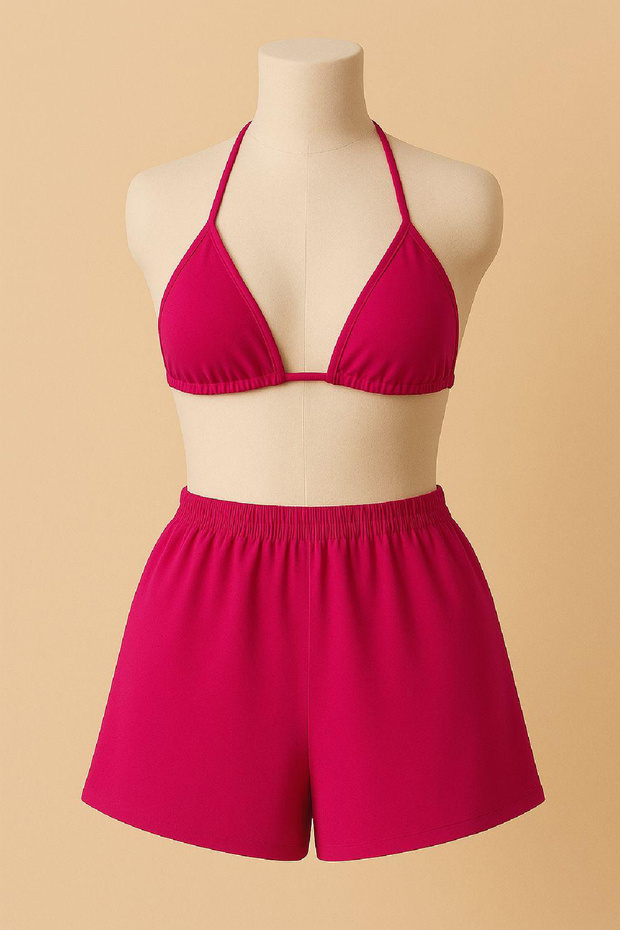 Kadın Fuşya Şortlu Belden ve Boyundan Bağlamalı Bikini Takımı - 2